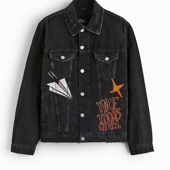Zara Graffiti Print Denim Jacket New - Picture 3 of 10